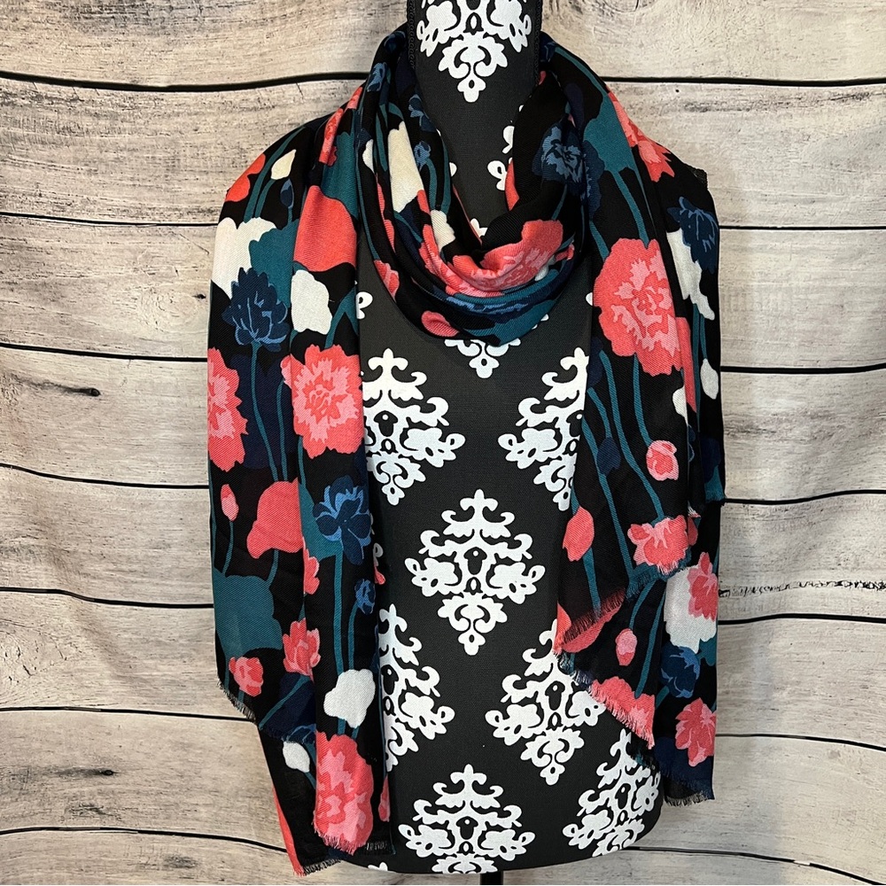 Kate Spade Viney Floral Scarf Black Coral Pink Green Blue Shawl - Picture 2 of 10